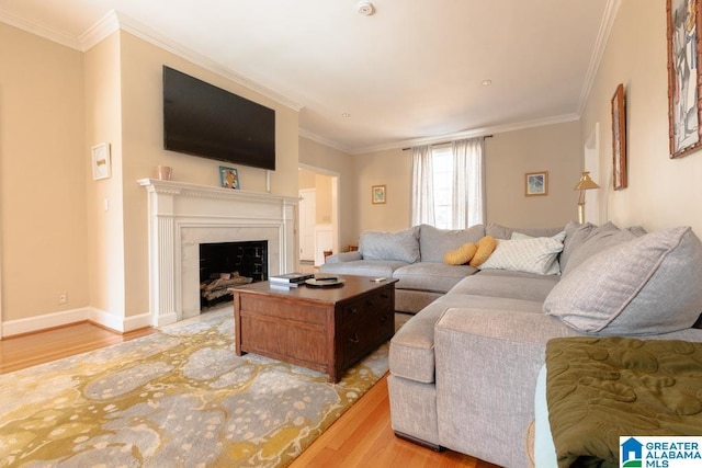 living room featuring light wood-type flooring, a high end fireplace, and crown molding