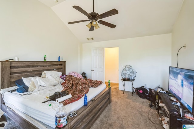 carpeted bedroom featuring ceiling fan and lofted ceiling