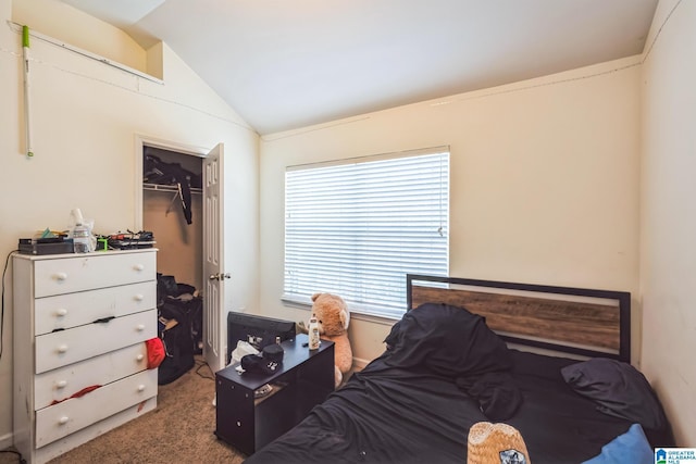 bedroom featuring carpet flooring and lofted ceiling