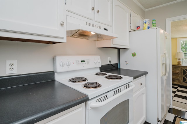 kitchen with under cabinet range hood, white appliances, white cabinetry, ornamental molding, and dark countertops