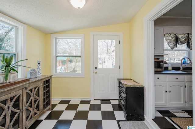 doorway to outside with a textured ceiling, dark floors, vaulted ceiling, and a sink