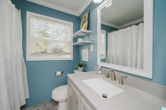 full bath featuring toilet, ornamental molding, and vanity