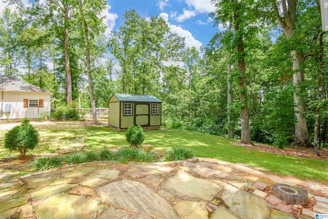 view of yard featuring a patio, a storage shed, and an outdoor structure