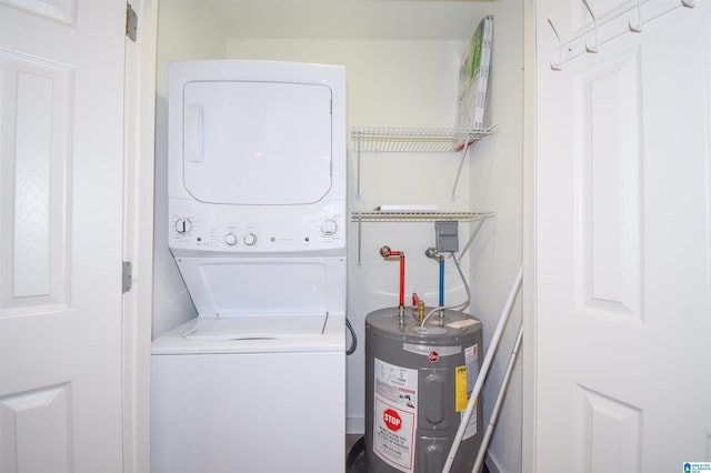 clothes washing area with stacked washer / drying machine and electric water heater