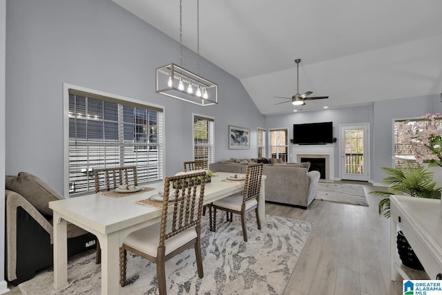 dining room with light wood-style floors, a healthy amount of sunlight, a fireplace, and ceiling fan