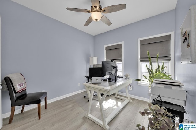 office featuring light wood-type flooring, ceiling fan, and baseboards