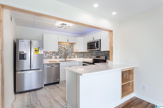 kitchen with appliances with stainless steel finishes, white cabinets, backsplash, sink, and kitchen peninsula