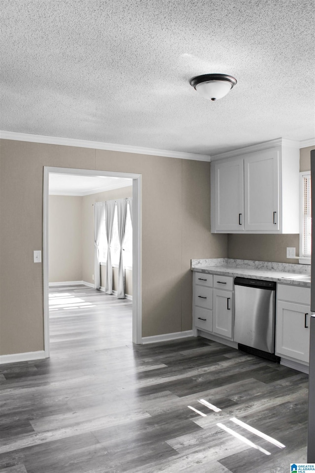 kitchen with crown molding, dishwasher, baseboards, and dark wood-style floors