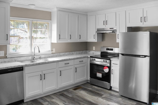 kitchen featuring stainless steel appliances, white cabinets, a sink, and under cabinet range hood