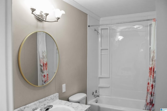 full bathroom featuring vanity, ornamental molding, shower / bath combo with shower curtain, and toilet