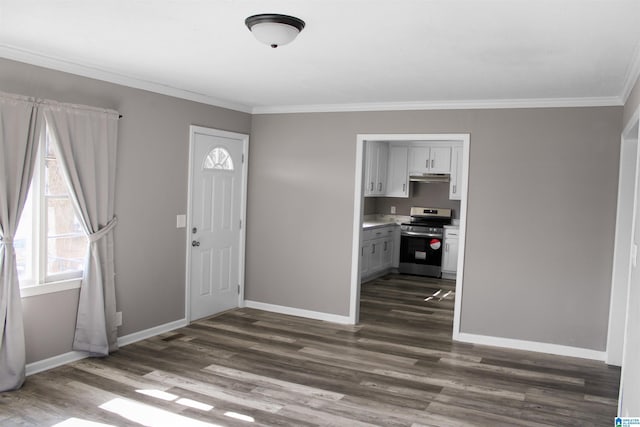 foyer with baseboards, dark wood-style flooring, and ornamental molding