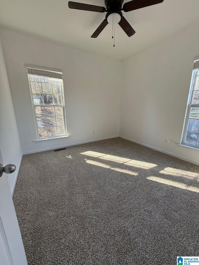 spare room with carpet floors, a wealth of natural light, visible vents, and baseboards