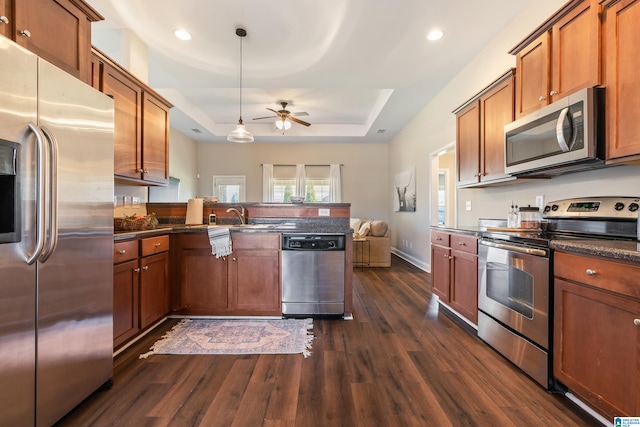 kitchen featuring dark hardwood / wood-style flooring, a tray ceiling, sink, appliances with stainless steel finishes, and pendant lighting