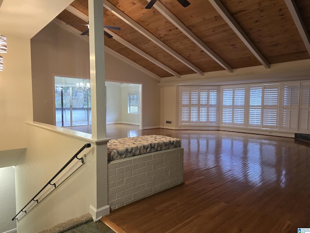 living room featuring wood ceiling, beam ceiling, wood-type flooring, high vaulted ceiling, and ceiling fan with notable chandelier