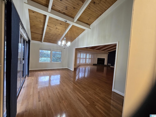 unfurnished living room featuring wood-type flooring, wooden ceiling, a notable chandelier, and beam ceiling