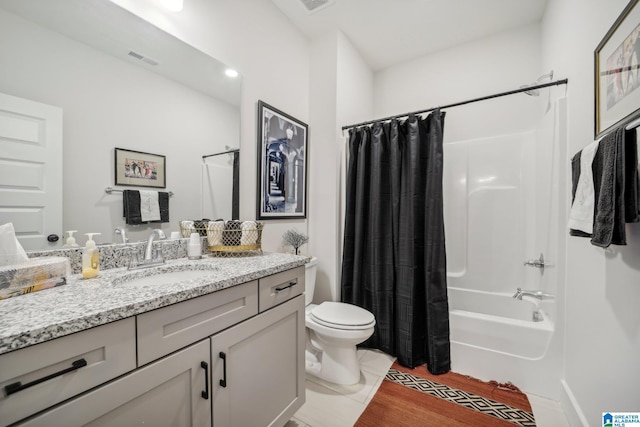 full bathroom featuring toilet, vanity, shower / tub combo, and hardwood / wood-style flooring