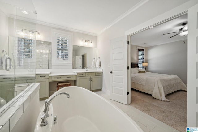 bathroom with ceiling fan, vanity, plus walk in shower, and crown molding