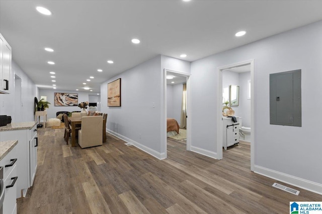 living room with hardwood / wood-style flooring and electric panel