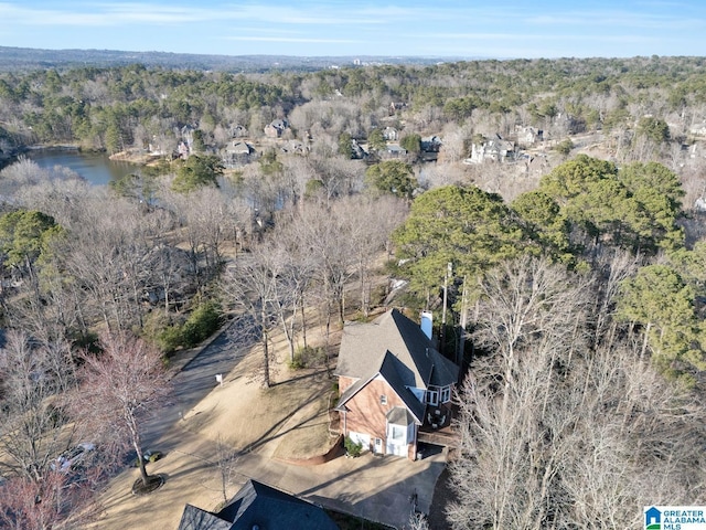 bird's eye view with a water view and a forest view