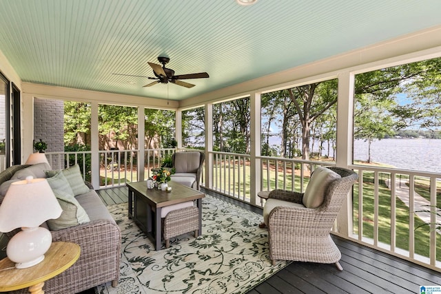 890 River Oaks Dr, Cropwell, AL 35054 - sunroom / solarium with a water view, an outdoor hangout area, and a ceiling fan