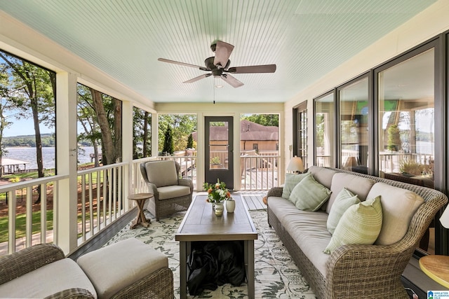 890 River Oaks Dr, Cropwell, AL 35054 - sunroom / solarium featuring outdoor lounge area, a water view, and a ceiling fan
