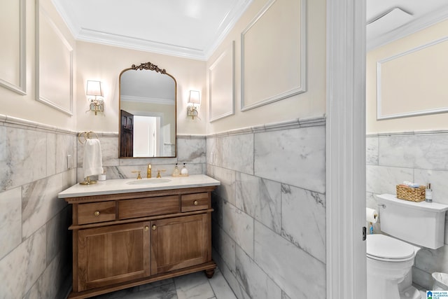 890 River Oaks Dr, Cropwell, AL 35054 - half bath featuring toilet, tile walls, crown molding, wainscoting, and vanity