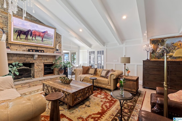 890 River Oaks Dr, Cropwell, AL 35054 - living room featuring french doors, wood finished floors, recessed lighting, a stone fireplace, and vaulted ceiling with beams