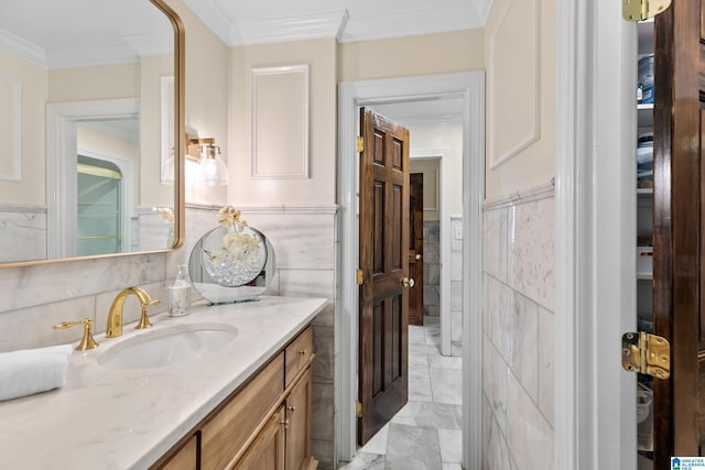 890 River Oaks Dr, Cropwell, AL 35054 - bathroom featuring tile walls, a wainscoted wall, marble finish floor, vanity, and crown molding