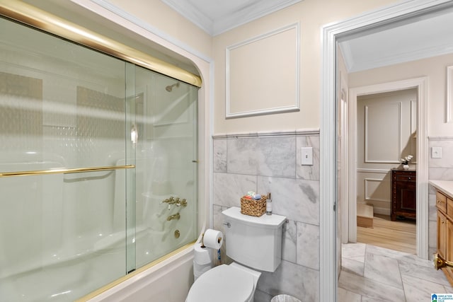 890 River Oaks Dr, Cropwell, AL 35054 - bathroom featuring toilet, enclosed tub / shower combo, tile walls, vanity, and ornamental molding