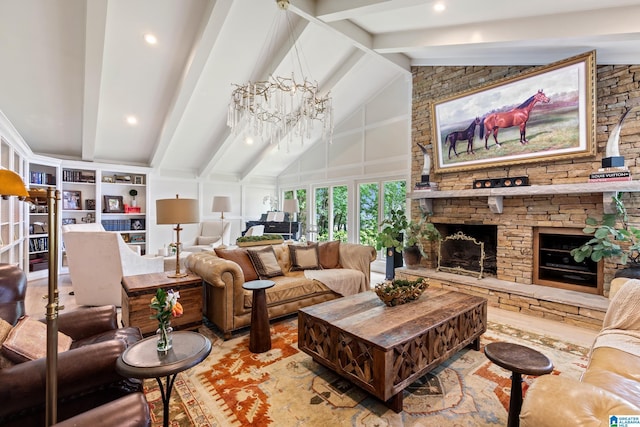 890 River Oaks Dr, Cropwell, AL 35054 - living area featuring beamed ceiling, a stone fireplace, an inviting chandelier, and high vaulted ceiling