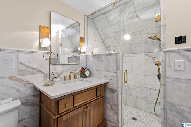 890 River Oaks Dr, Cropwell, AL 35054 - full bathroom featuring tile walls, toilet, a stall shower, and vanity