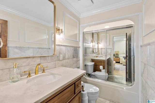 890 River Oaks Dr, Cropwell, AL 35054 - full bathroom with vanity, toilet, crown molding, and tile walls