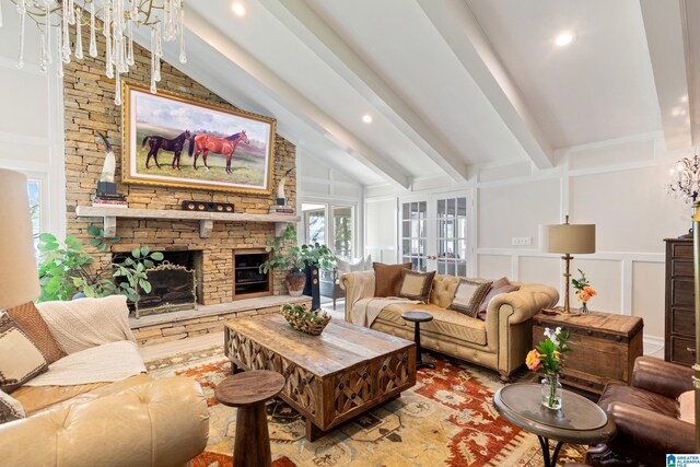 890 River Oaks Dr, Cropwell, AL 35054 - living room with a chandelier, a decorative wall, a fireplace, and vaulted ceiling with beams
