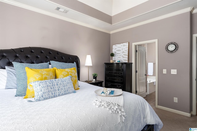 carpeted bedroom with crown molding