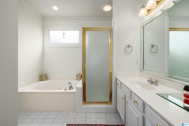 full bathroom with a garden tub, ornamental molding, a shower stall, vanity, and tile patterned floors