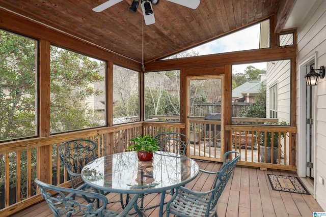 sunroom / solarium with lofted ceiling, wooden ceiling, and a ceiling fan