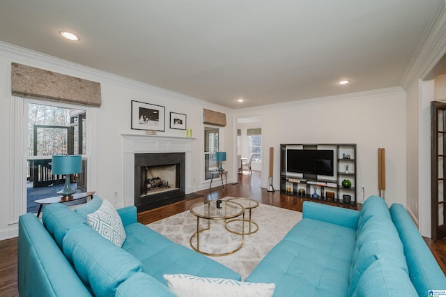 living room with crown molding and dark wood-style flooring