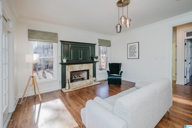 living area featuring baseboards, a fireplace, ornamental molding, and wood finished floors