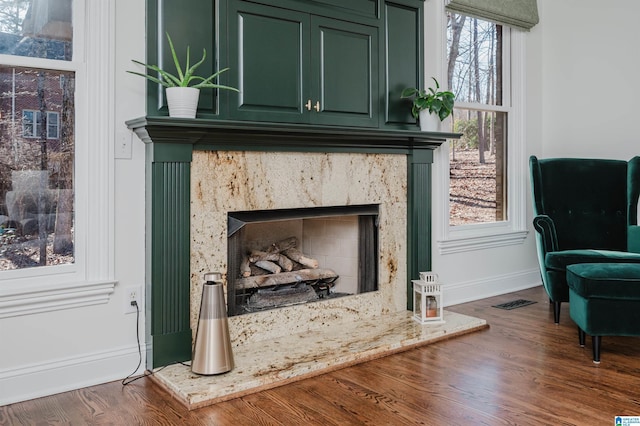 details featuring a premium fireplace, wood finished floors, visible vents, and baseboards