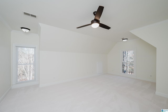 additional living space featuring a wealth of natural light, light colored carpet, and visible vents