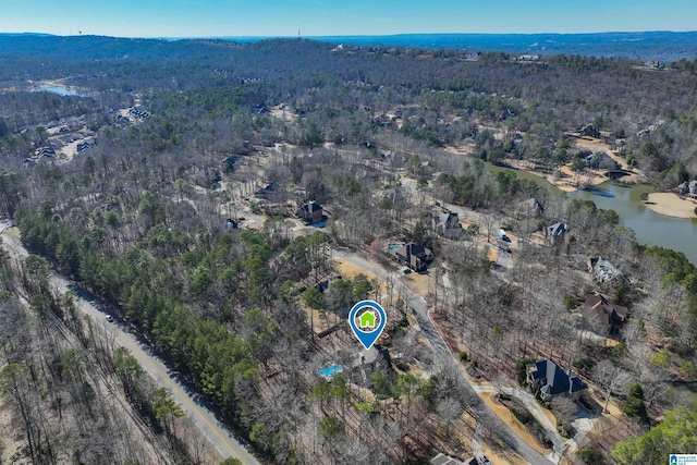 drone / aerial view with a water view and a view of trees