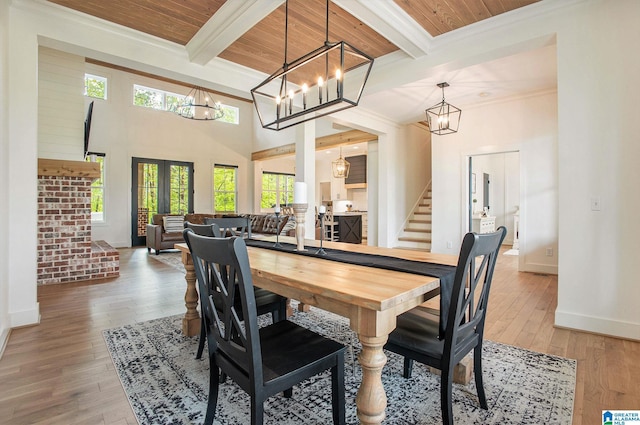 dining room featuring wooden ceiling, stairs, beam ceiling, and wood finished floors