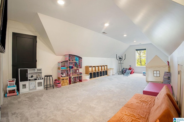 recreation room with vaulted ceiling, carpet, visible vents, and recessed lighting