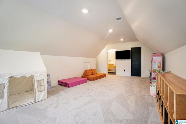 playroom with recessed lighting, visible vents, light carpet, vaulted ceiling, and baseboards