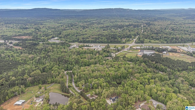 bird's eye view featuring a view of trees and a water and mountain view