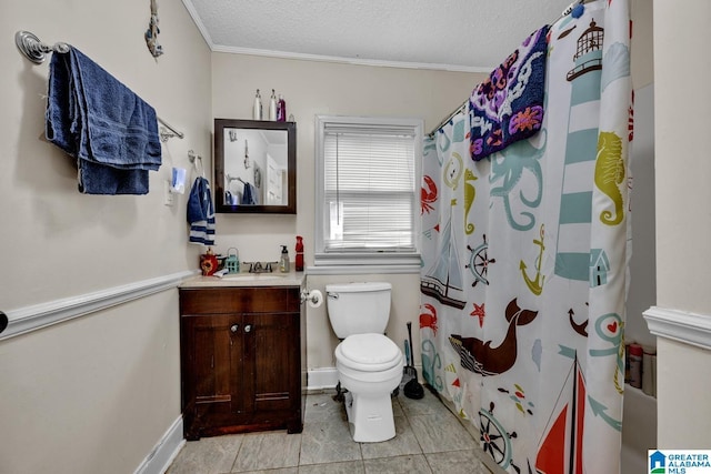 bathroom with toilet, ornamental molding, vanity, a textured ceiling, and tile patterned floors