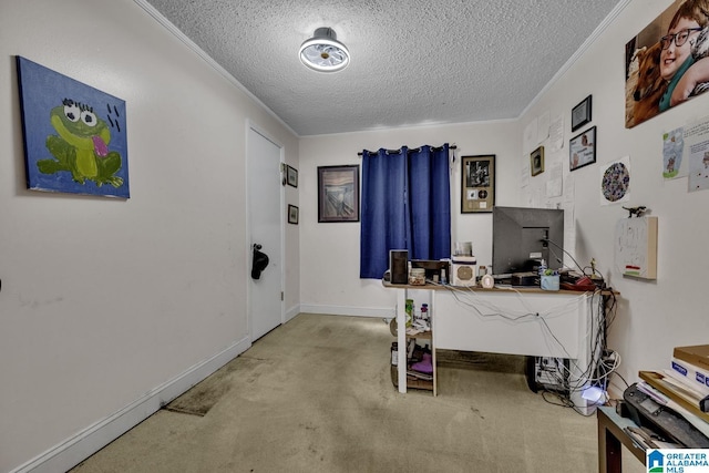 office space featuring ornamental molding, carpet floors, a textured ceiling, and baseboards