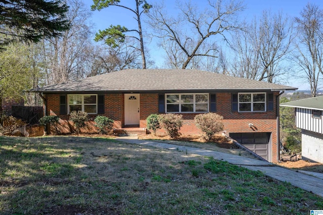 ranch-style home with driveway, roof with shingles, a garage, and brick siding