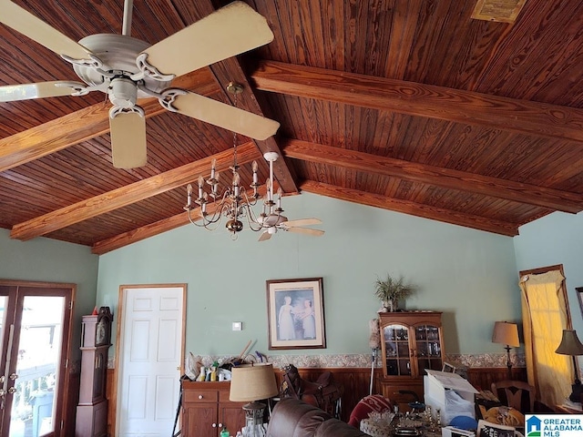 living area with lofted ceiling with beams, wood ceiling, and a ceiling fan