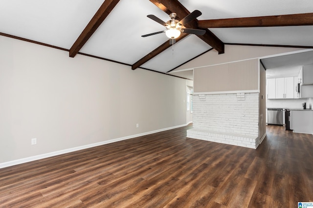 unfurnished living room with vaulted ceiling with beams, dark hardwood / wood-style floors, and ceiling fan